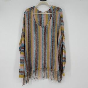 Natural Life Women L/XL Striped Fringe Hem Knit Sweater Multicolor Boho V-Neck